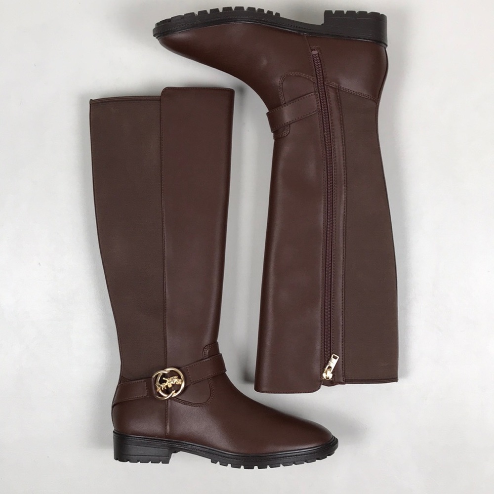 COACH Farrah Brown Leather Tall Riding Boots Logo Buckle NEW NWOB - Picture 4 of 15